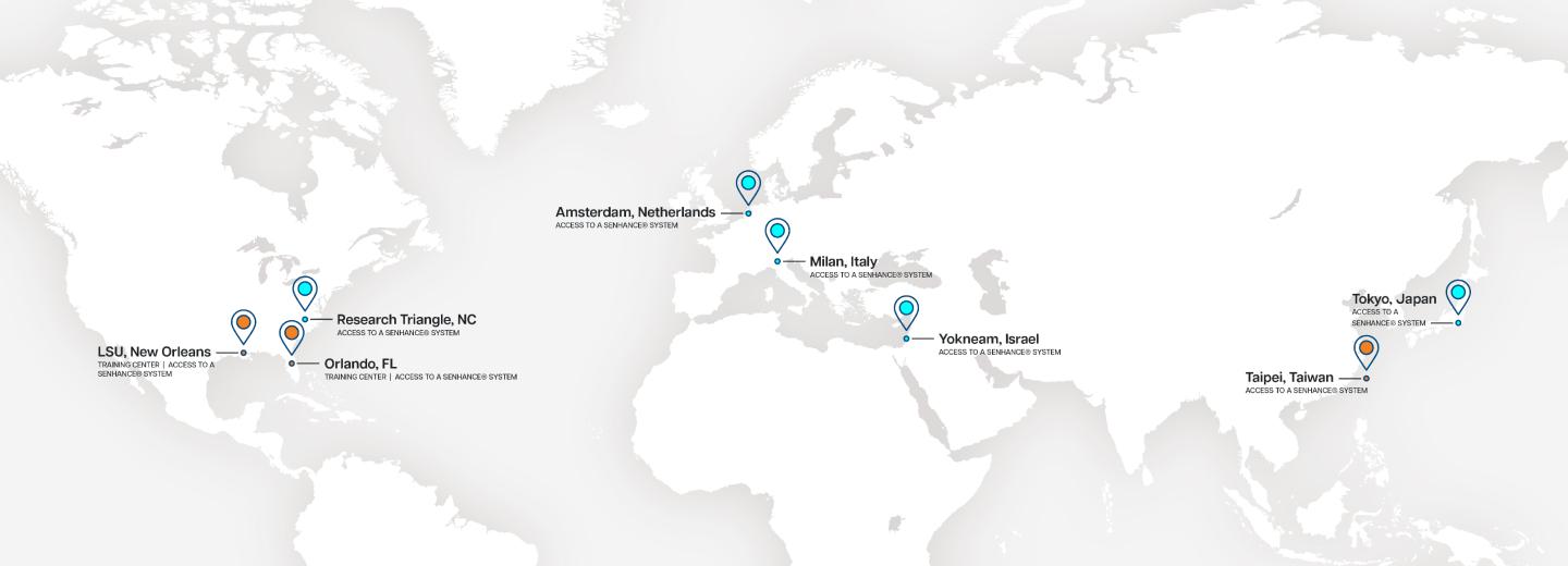 A map of the world with markers on: Europe - Amsterdam, USA - Raleigh, NC;  Orlando, Florida; New Orleans, LA, Milan, Italy, Yoknean, Isreal, Taipai, Taiwan and Japan - Tokyo